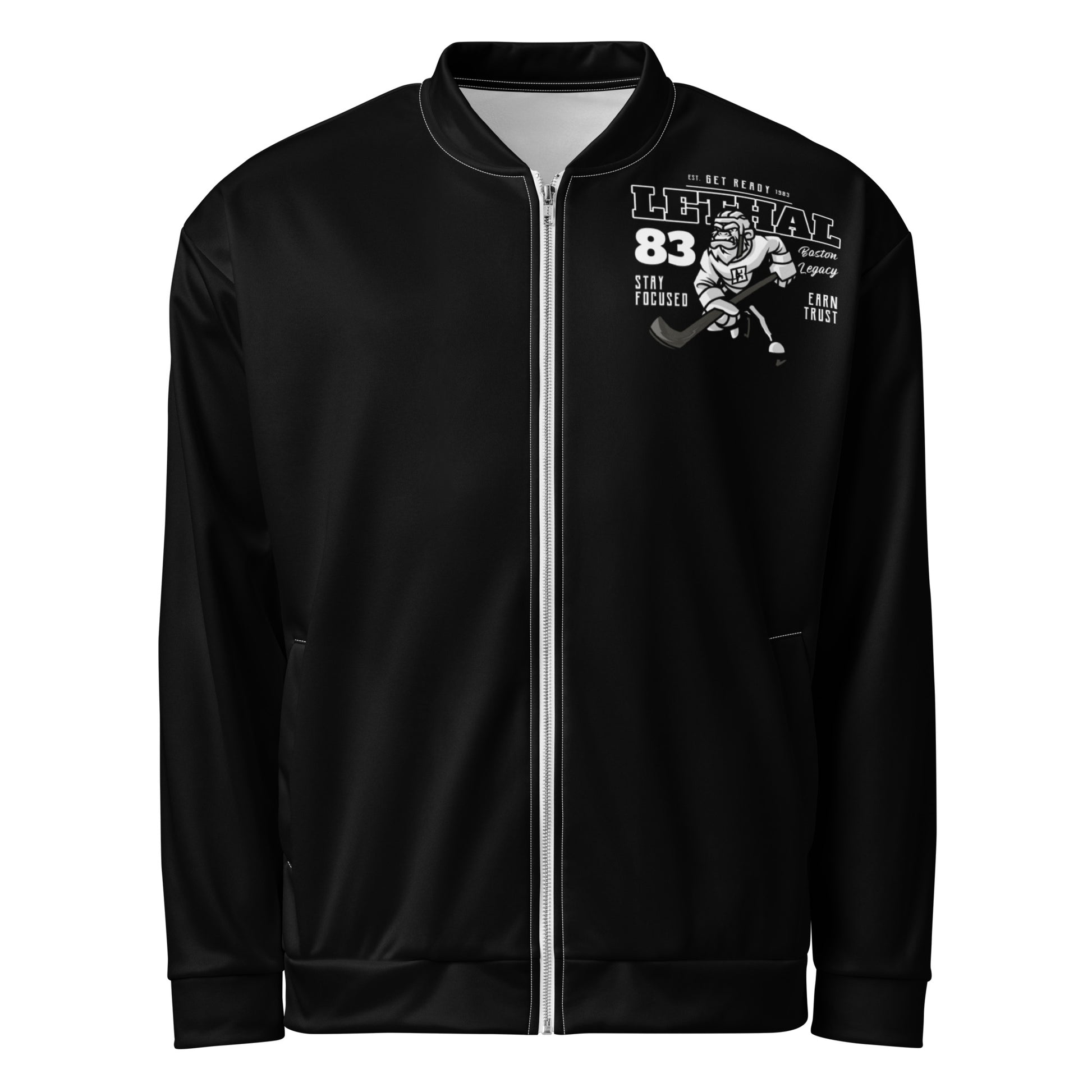 Black unisex bomber jacket with a graphic print on the chest.