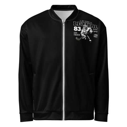 Black unisex bomber jacket with a graphic print on the chest.
