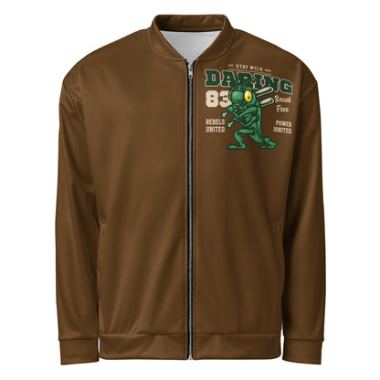 Brown unisex bomber jacket with a green cartoon grasshopper graphic and text.