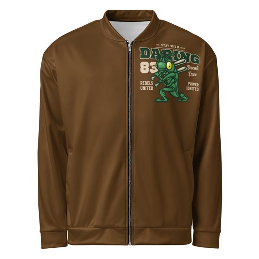 Brown unisex bomber jacket with a green cartoon grasshopper graphic and text.