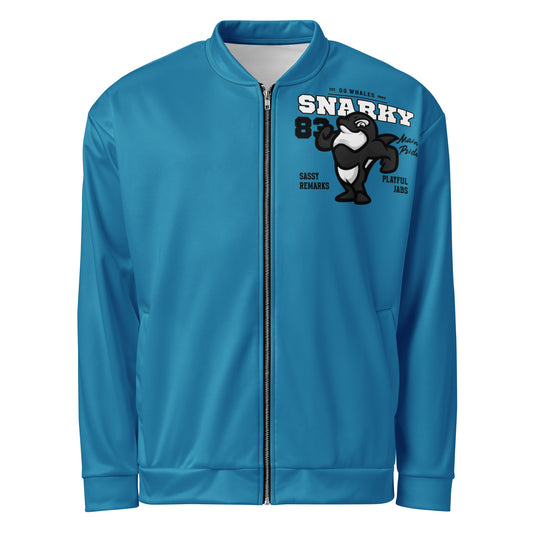 Unisex bomber jacket with a blue background and a graphic of a cartoon orca.