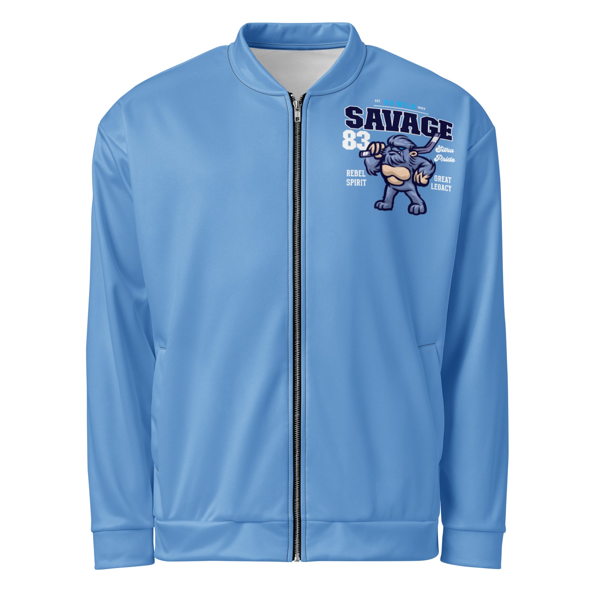 Light blue unisex bomber jacket with a graphic print of a bulldog.