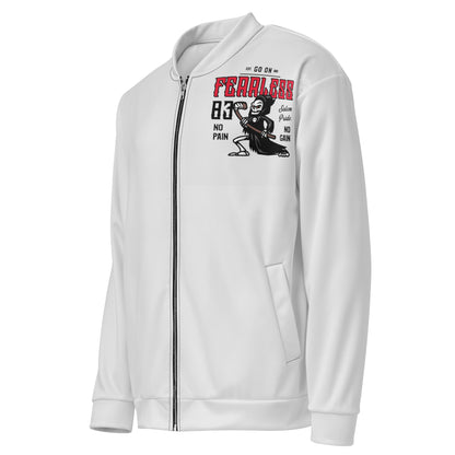 White unisex bomber jacket with a grim reaper graphic and text.