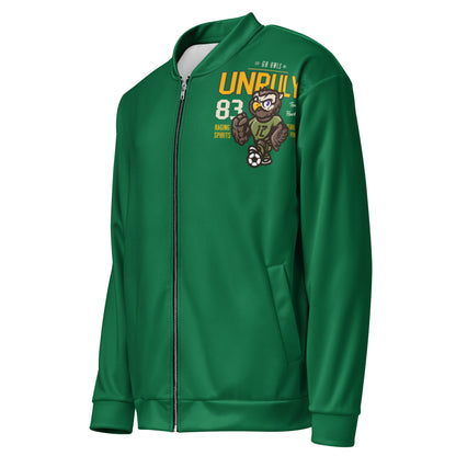 Green unisex bomber jacket with an owl graphic and text.