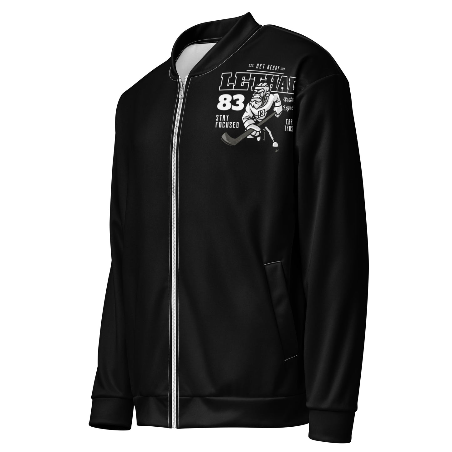 Black unisex bomber jacket with a graphic print of a hockey player and text.
