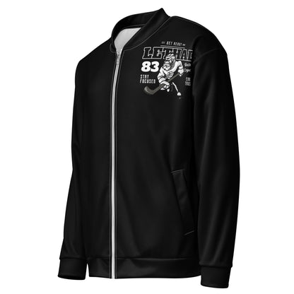 Black unisex bomber jacket with a graphic print of a hockey player and text.