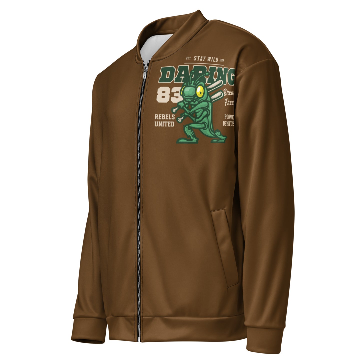 Brown unisex bomber jacket with a grasshopper baseball player graphic.