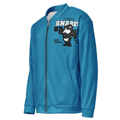 Unisex bomber jacket in teal with a "Snarky" killer whale graphic.