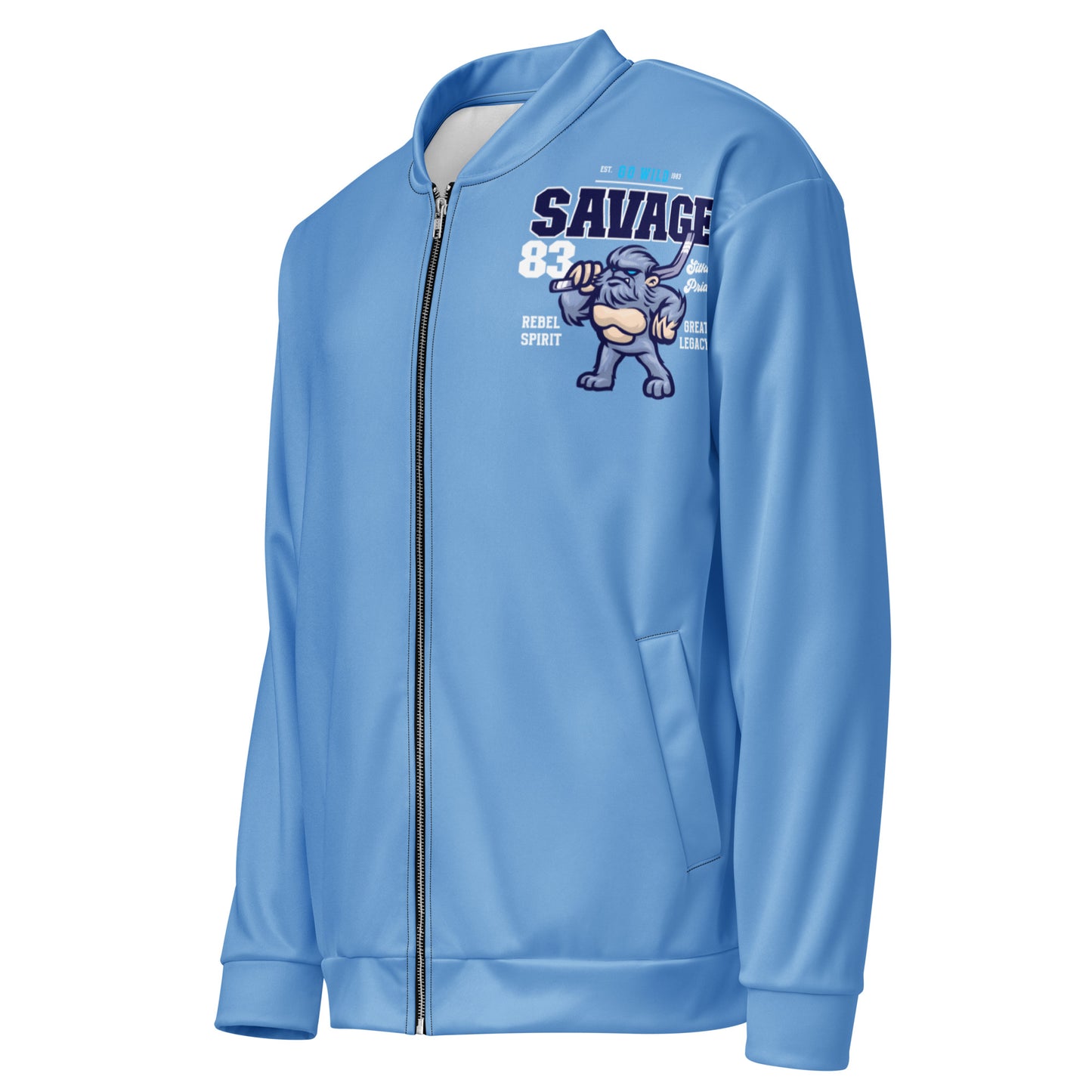 Light blue unisex bomber jacket with "Savage" graphic and cartoon character.