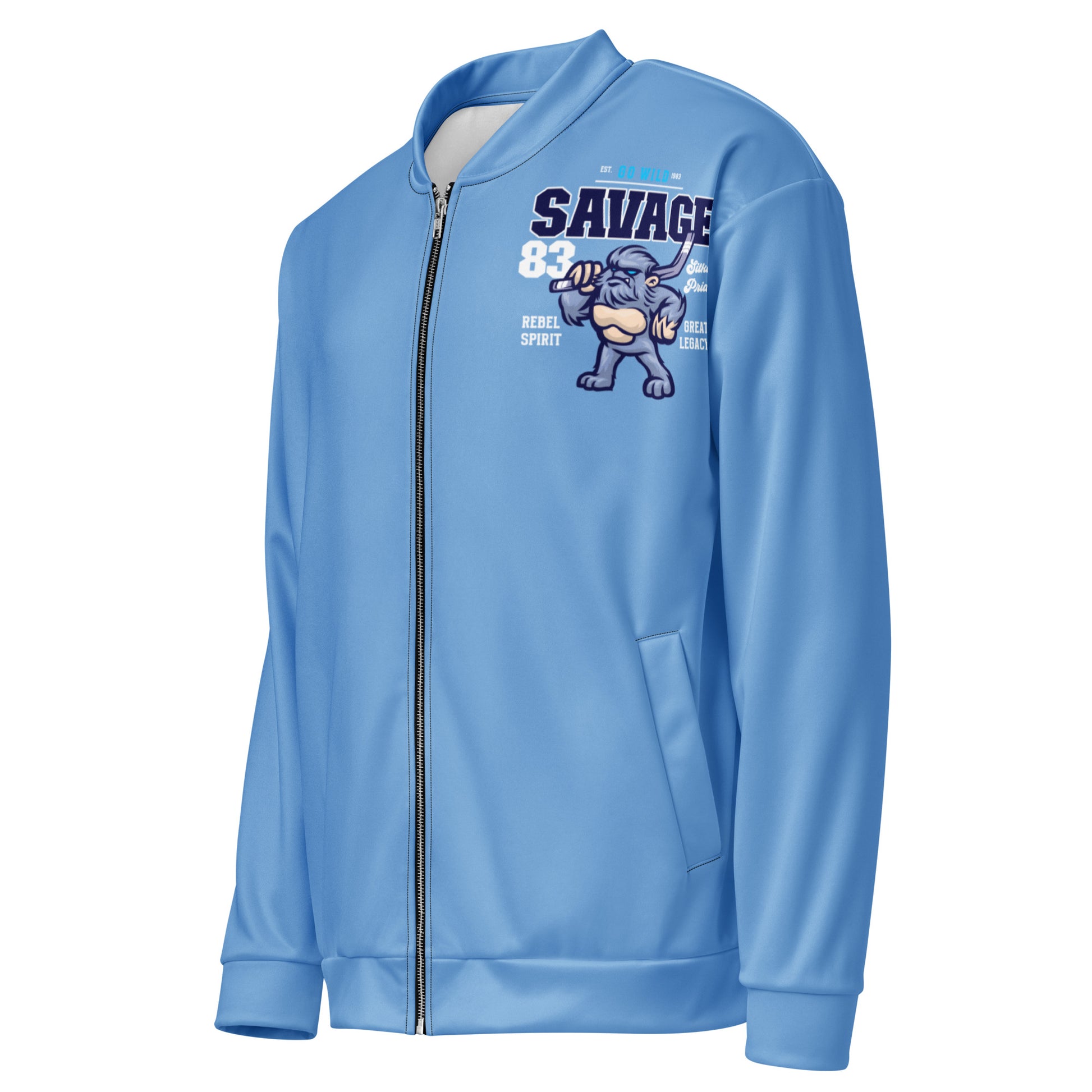 Light blue unisex bomber jacket with "Savage" graphic and cartoon character.
