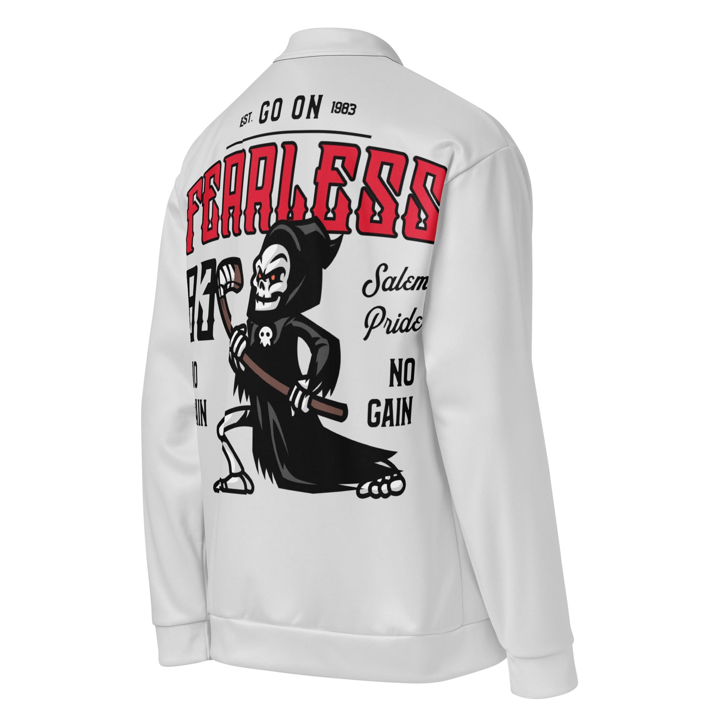 White unisex bomber jacket with a grim reaper graphic and text.