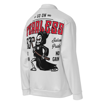 White unisex bomber jacket with a grim reaper graphic and text.