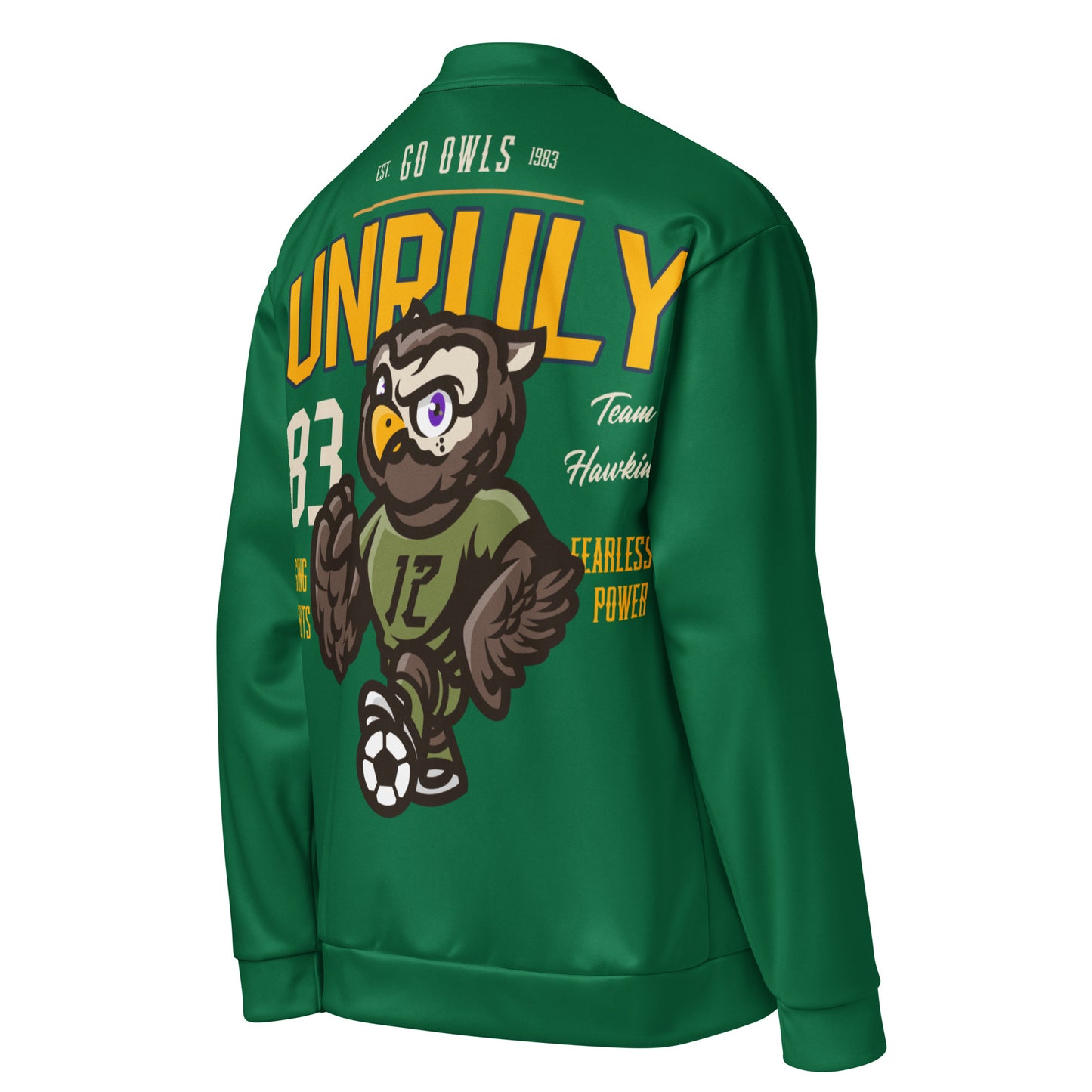 Green unisex bomber jacket with an owl graphic and text.
