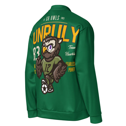 Green unisex bomber jacket with an owl graphic and text.