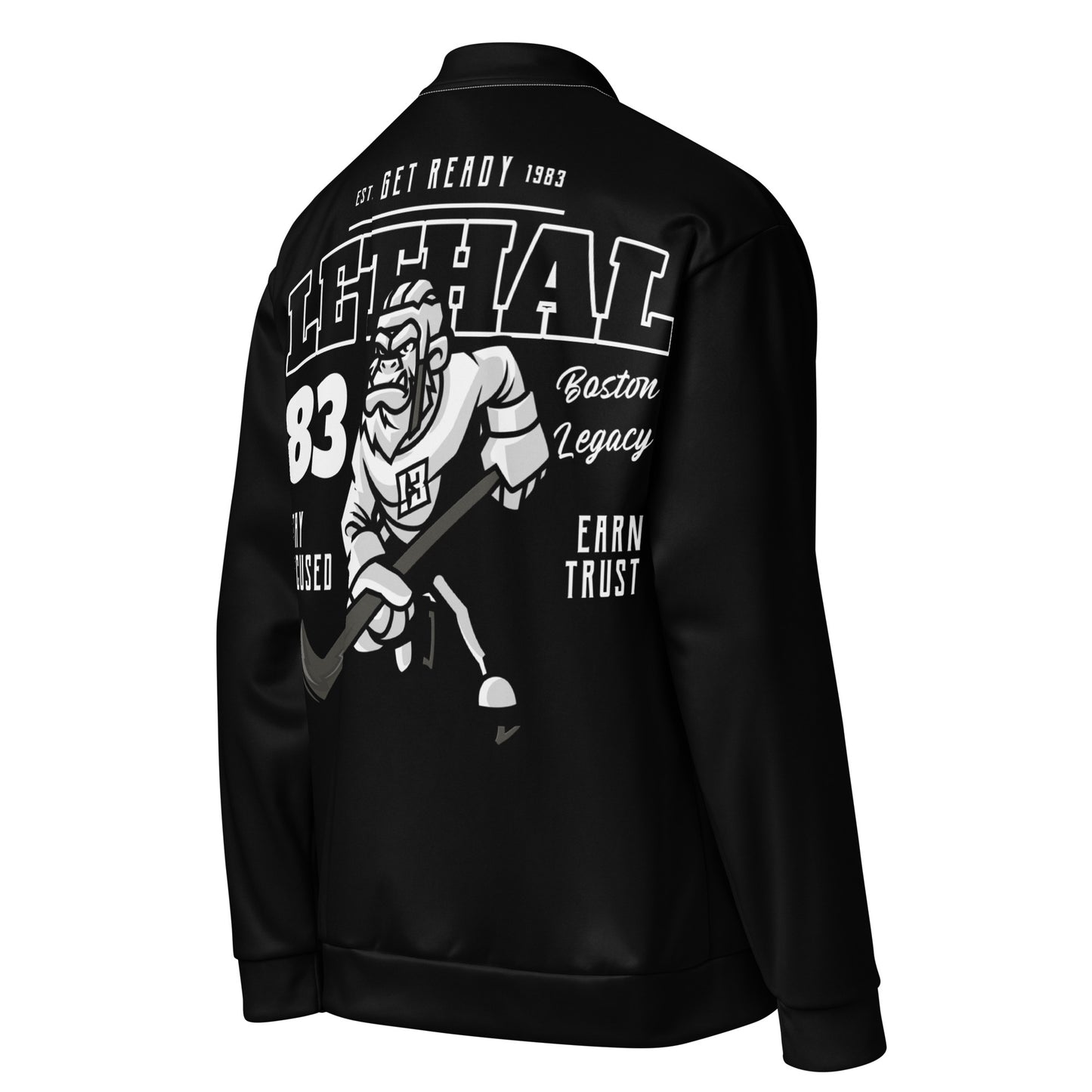 Black unisex bomber jacket with a graphic print of a gorilla playing hockey.