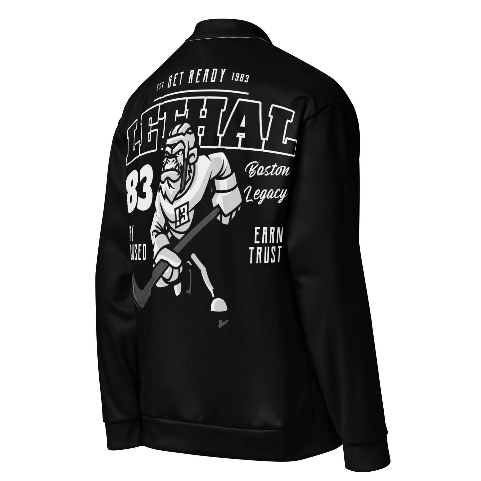 Black unisex bomber jacket with a graphic print of a gorilla playing hockey.