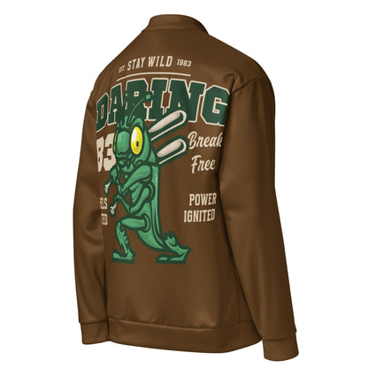 Brown unisex bomber jacket with a green grasshopper graphic and text.