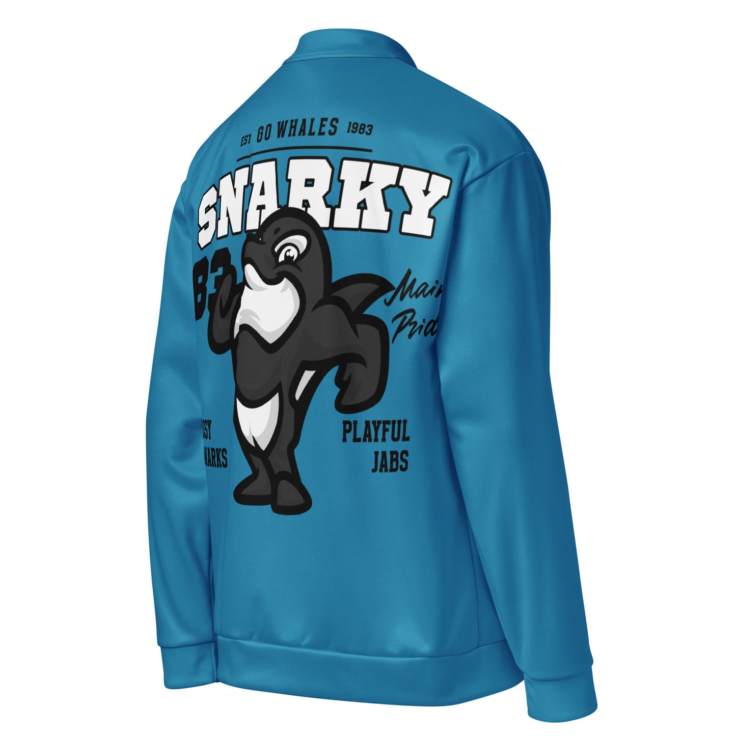 Unisex bomber jacket with a blue background and a graphic of a whale.