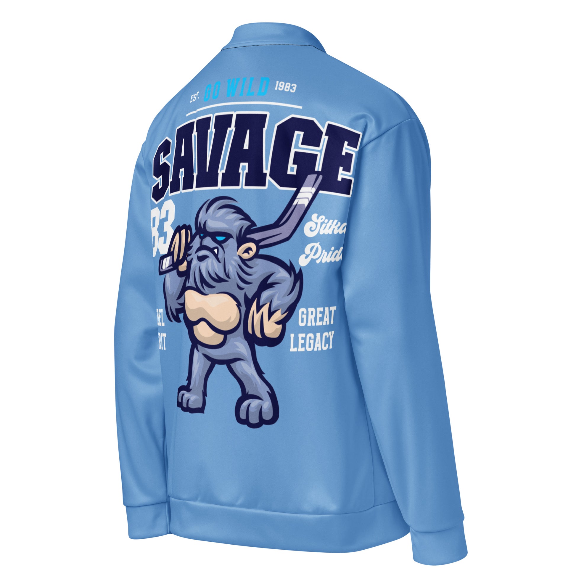 Light blue unisex bomber jacket with a cartoon yeti graphic and text.