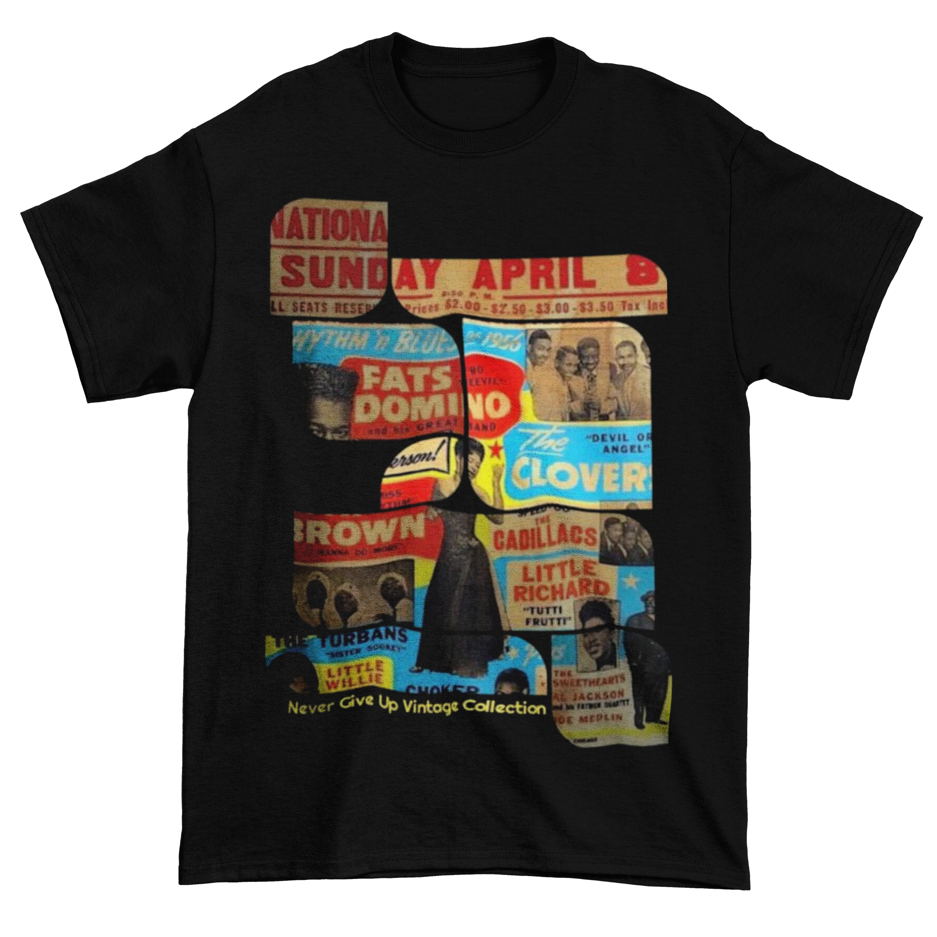 A black t-shirt with a collage of vintage concert posters featuring Fats Domino and other performers.