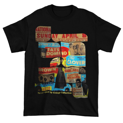 A black t-shirt with a collage of vintage concert posters featuring Fats Domino and other performers.