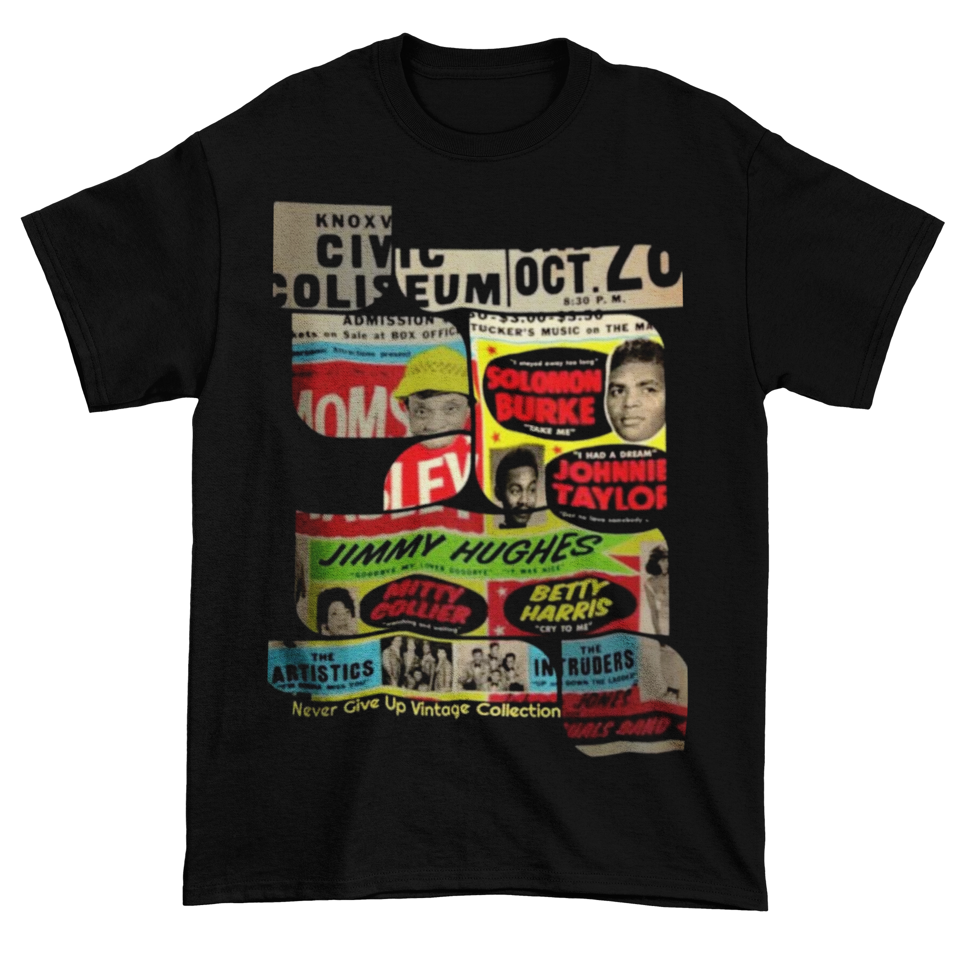 Black t-shirt with a collage of vintage concert posters.