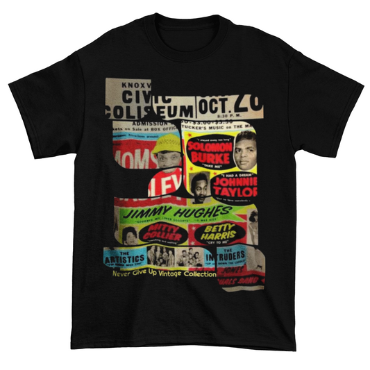 Black t-shirt with a collage of vintage concert posters.