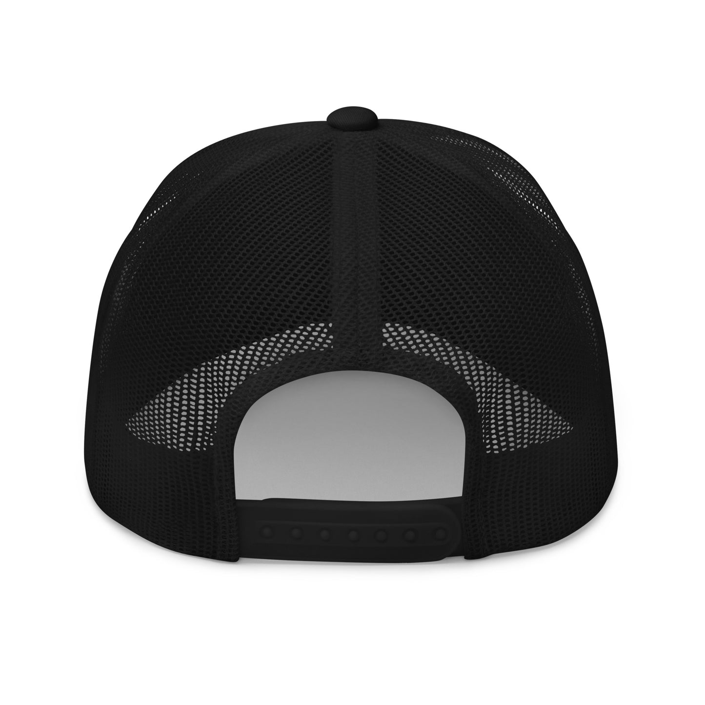 Black trucker cap with a mesh back and adjustable strap.