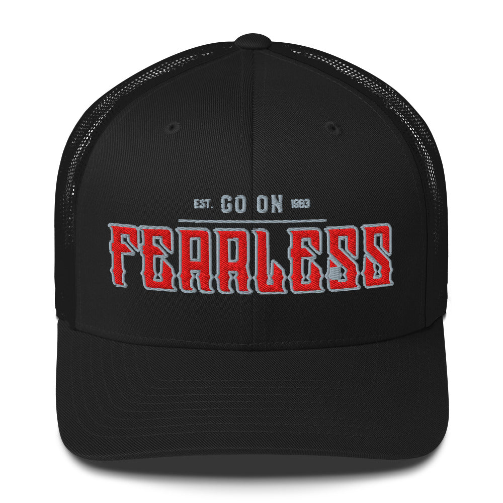 Black trucker cap with "FEARLESS" and "EST. GO ON 1963" embroidered on the front.