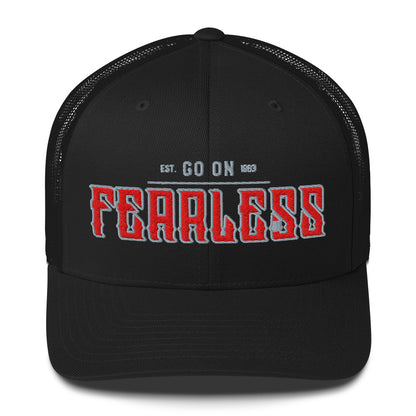 Black trucker cap with "FEARLESS" and "EST. GO ON 1963" embroidered on the front.