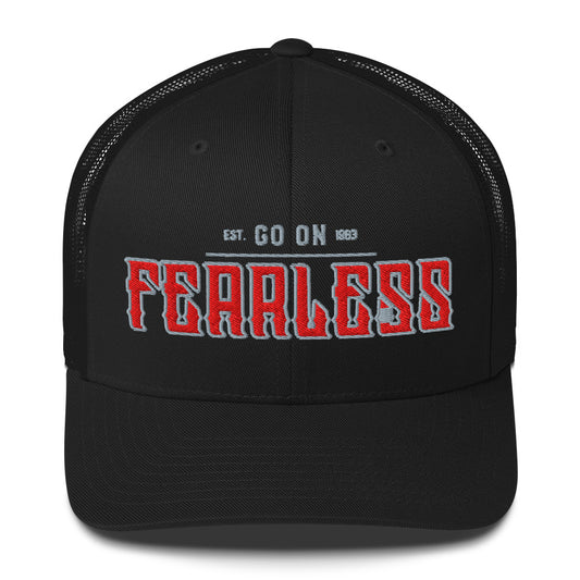 Black trucker cap with "FEARLESS" and "EST. GO ON 1963" embroidered on the front.
