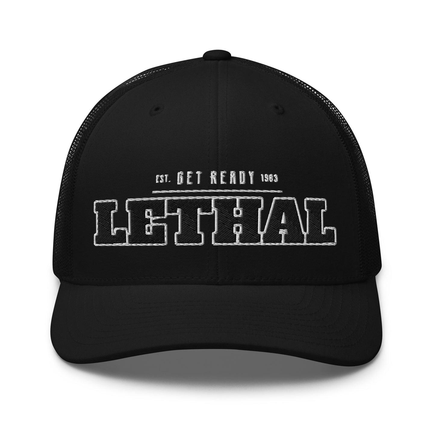 Black trucker cap with white embroidered "LETHAL GET READY 1963" text.