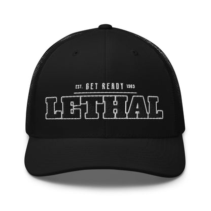 Black trucker cap with white embroidered "LETHAL GET READY 1963" text.