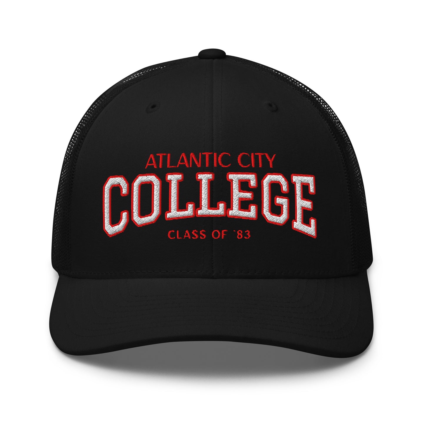 Black Atlantic City College trucker cap with red and white embroidery.