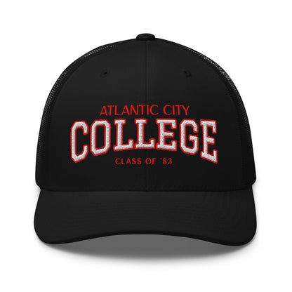 Black Atlantic City College trucker cap with red and white embroidery.