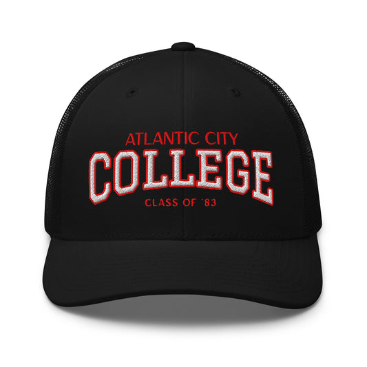 Black Atlantic City College trucker cap with red and white embroidery.
