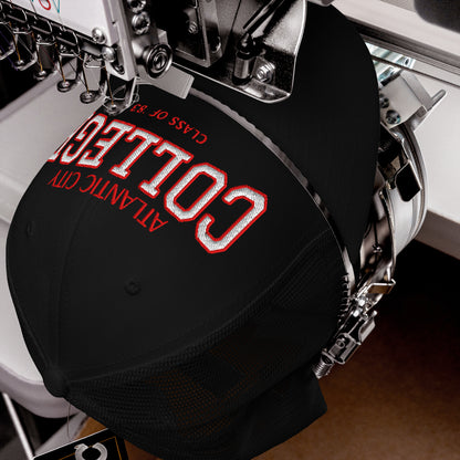 Black Atlantic City College trucker cap with red and white embroidery.