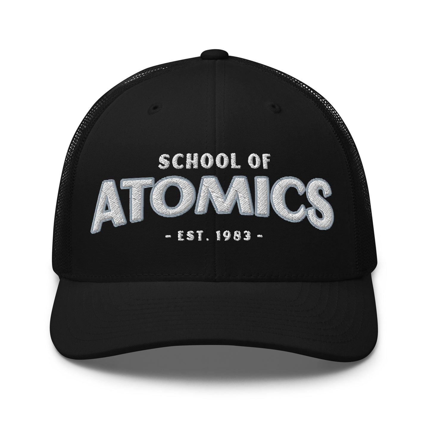 Black School of Atomics trucker cap with embroidered text.