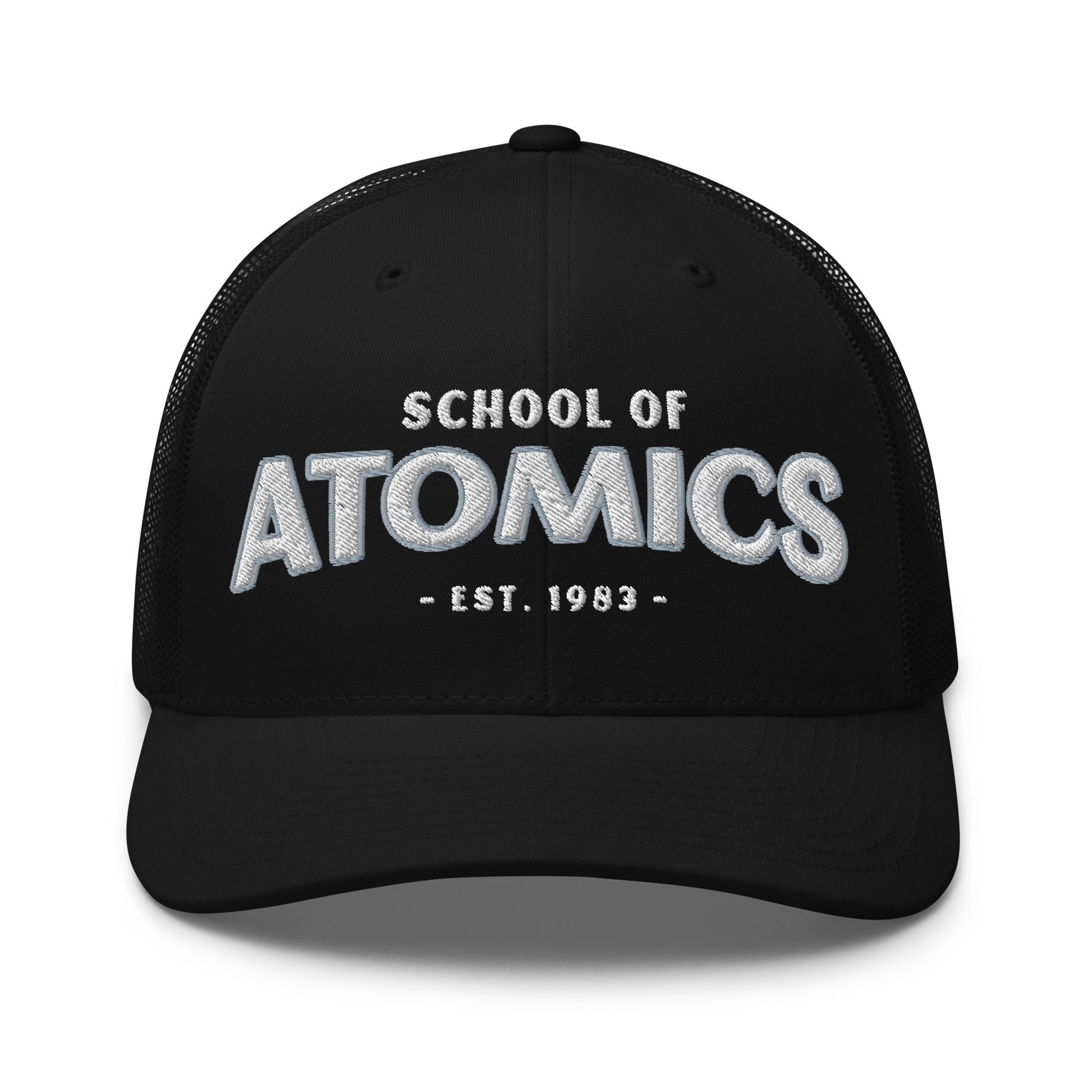 Black School of Atomics trucker cap with embroidered text.