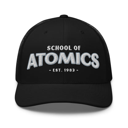 Black School of Atomics trucker cap with embroidered text.