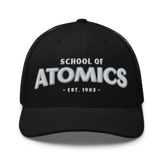 Black School of Atomics trucker cap with embroidered text.