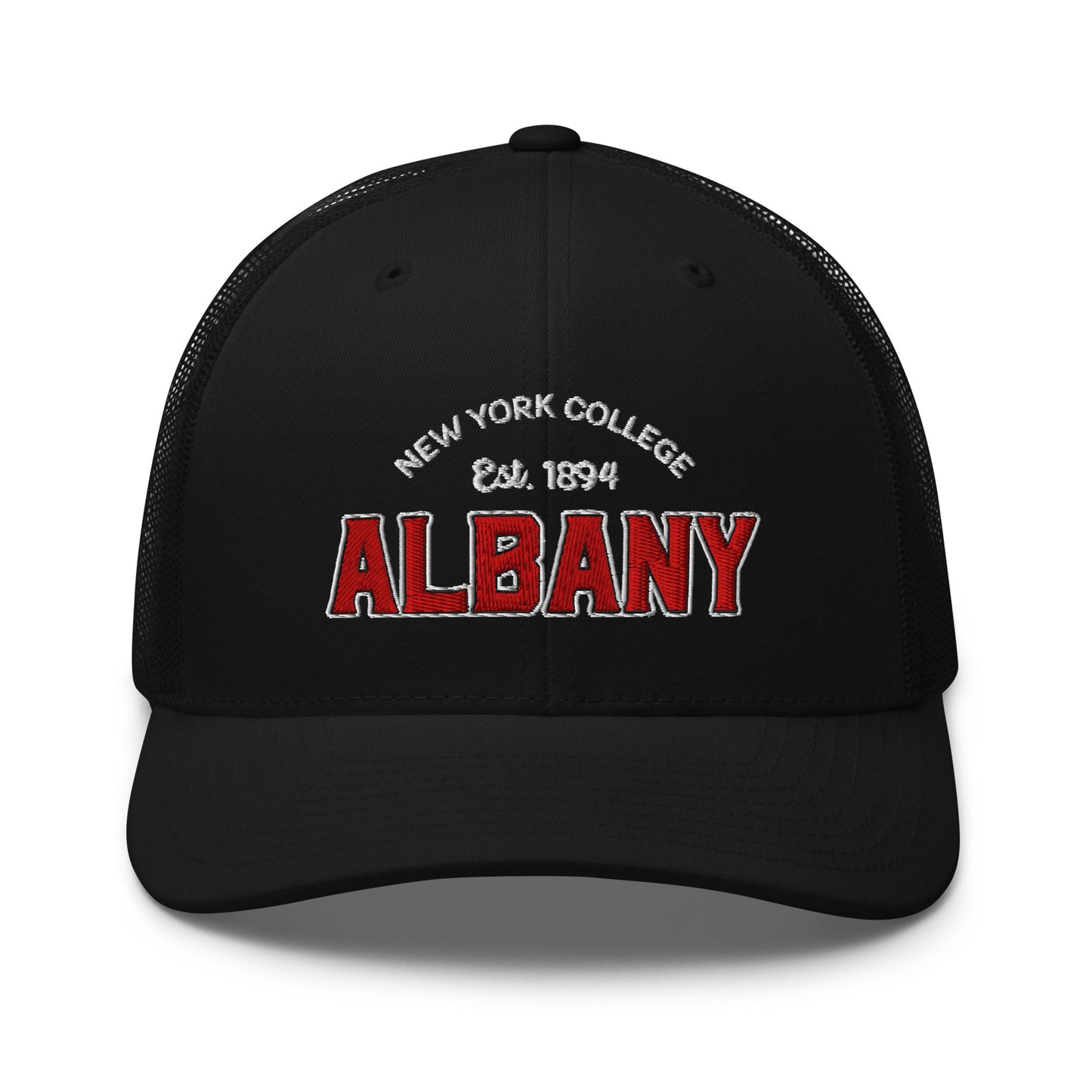 Black unisex trucker cap with "Albany College Est. 1894" embroidered on the front.