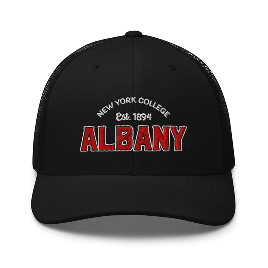 Black unisex trucker cap with "Albany College Est. 1894" embroidered on the front.