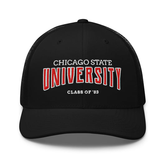 Black Chicago State University trucker cap with embroidered text.