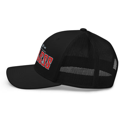 Black trucker cap with red and white embroidered text.