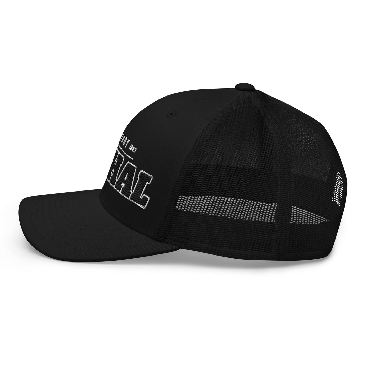 Black trucker cap with white embroidered text.