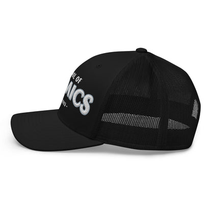 Black School of Atomics trucker cap with white embroidered text.