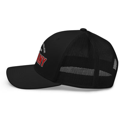 Albany College unisex trucker cap with vintage style and mesh back.