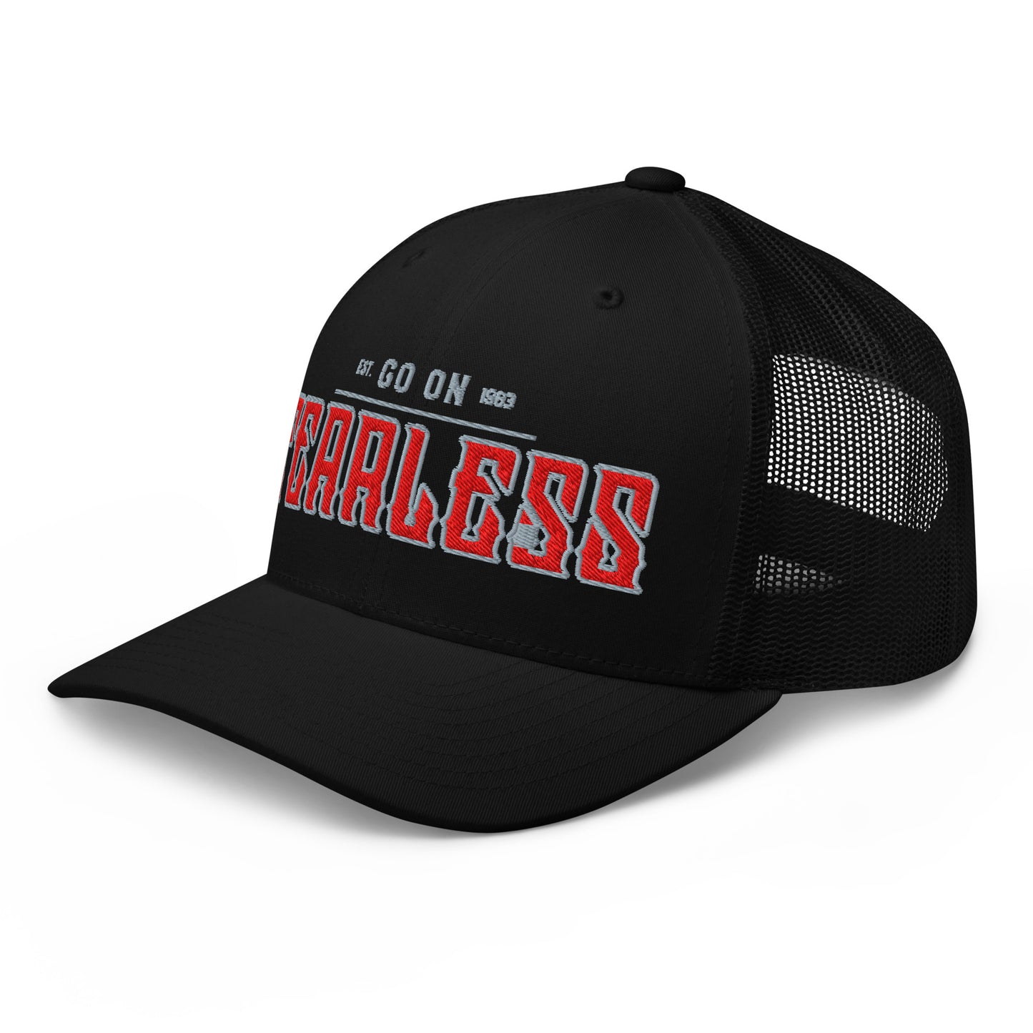 Black trucker cap with "FEARLESS" embroidered in red and "GO ON 1963" above it.