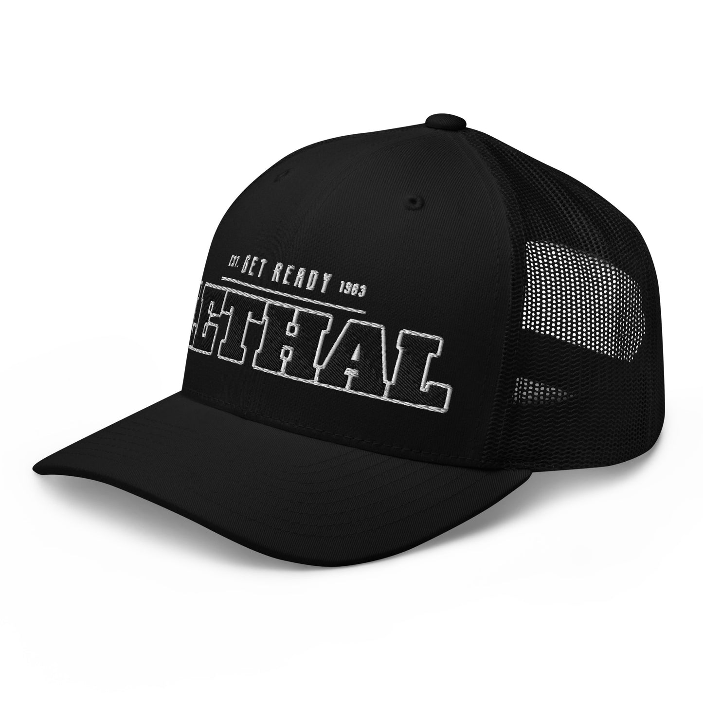Black trucker cap with white embroidered text.
